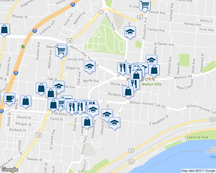 map of restaurants, bars, coffee shops, grocery stores, and more near 1327 Myrtle Avenue in Cincinnati