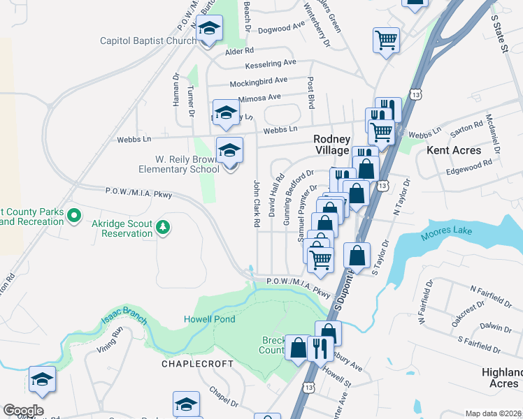 map of restaurants, bars, coffee shops, grocery stores, and more near 1523 John Clark Road in Dover