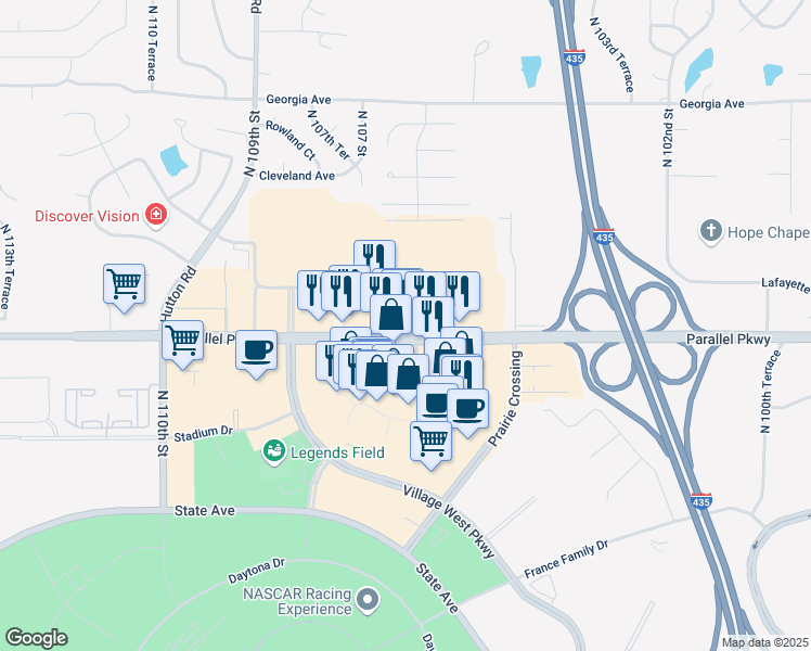 map of restaurants, bars, coffee shops, grocery stores, and more near 10620 Parallel Parkway in Kansas City