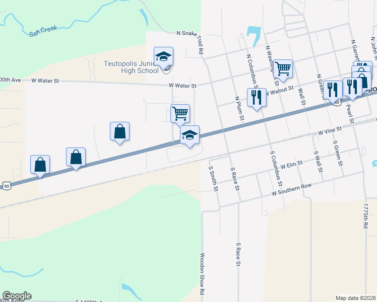 map of restaurants, bars, coffee shops, grocery stores, and more near 801 West Main Street in Teutopolis