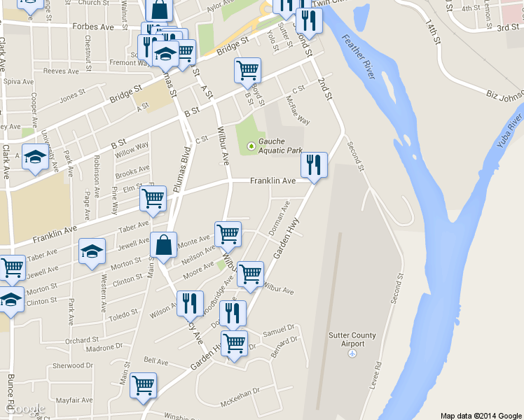 map of restaurants, bars, coffee shops, grocery stores, and more near 187 Woodbridge Avenue in Yuba City