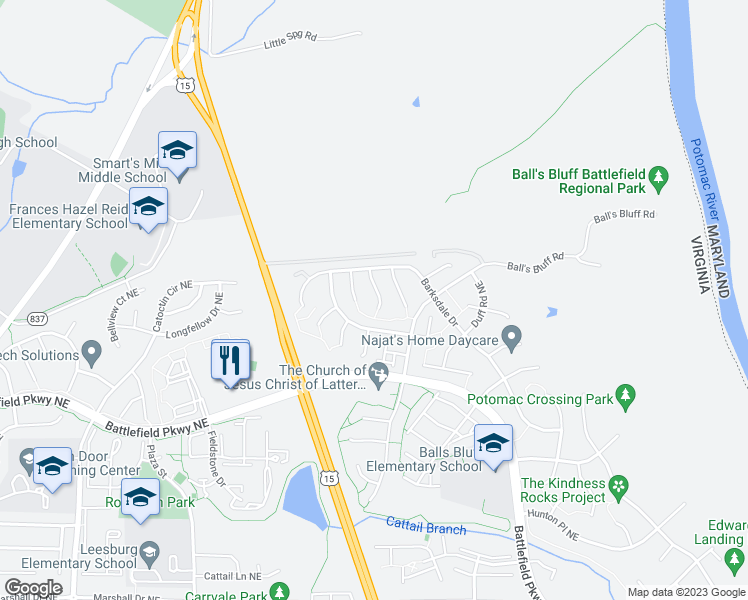 map of restaurants, bars, coffee shops, grocery stores, and more near 113 Courier Court Northeast in Leesburg
