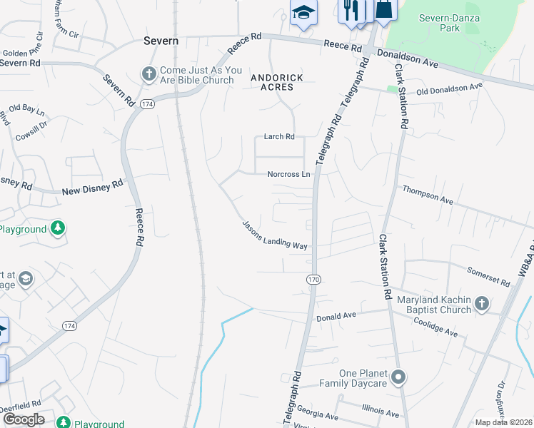 map of restaurants, bars, coffee shops, grocery stores, and more near 1403 Watermill Court in Severn