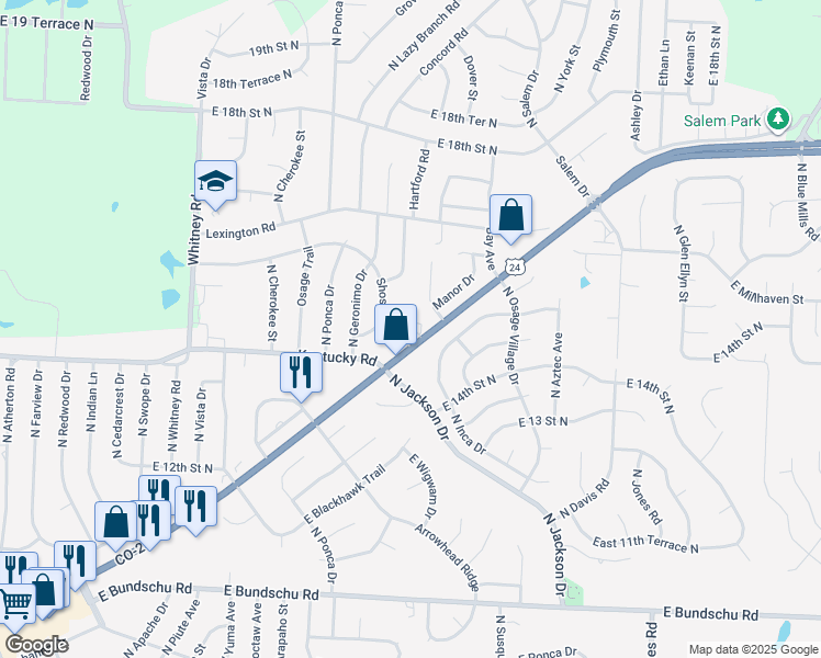 map of restaurants, bars, coffee shops, grocery stores, and more near 18613 Shoshone Drive in Independence