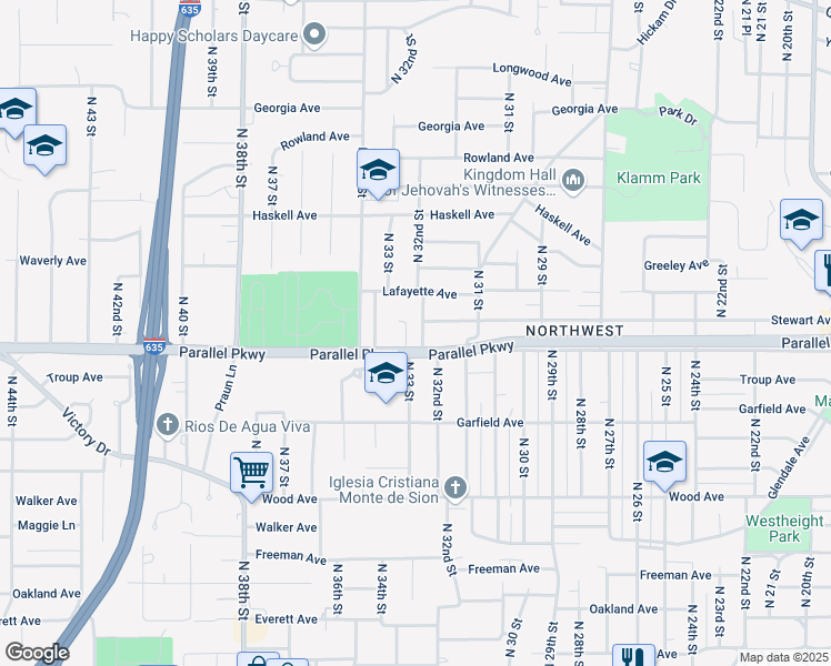 map of restaurants, bars, coffee shops, grocery stores, and more near 2026 North 32nd Street in Kansas City