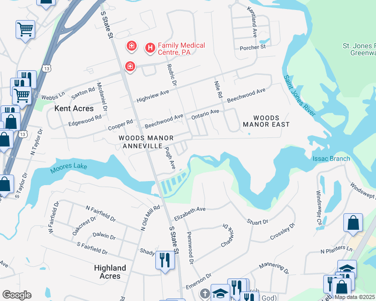map of restaurants, bars, coffee shops, grocery stores, and more near 75 Placid Circle in Dover