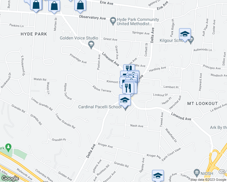 map of restaurants, bars, coffee shops, grocery stores, and more near 3046 Alpine Terrace in Cincinnati