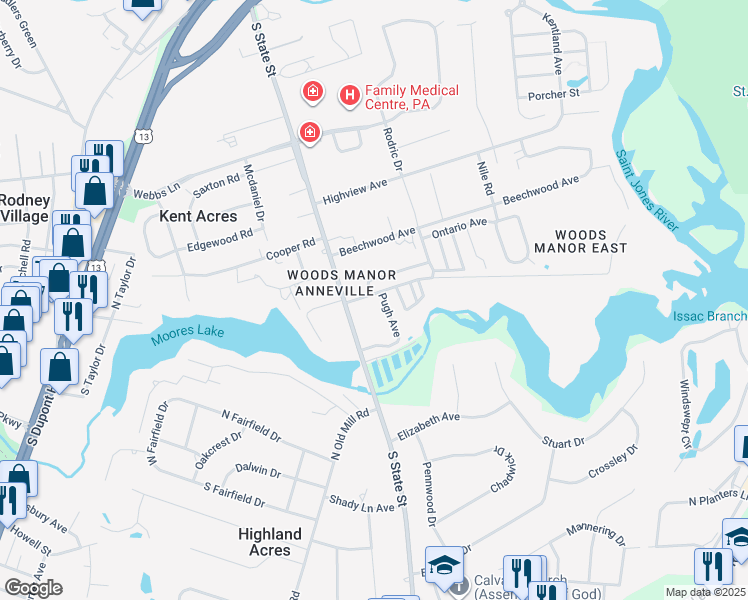 map of restaurants, bars, coffee shops, grocery stores, and more near 1673 South State Street in Dover