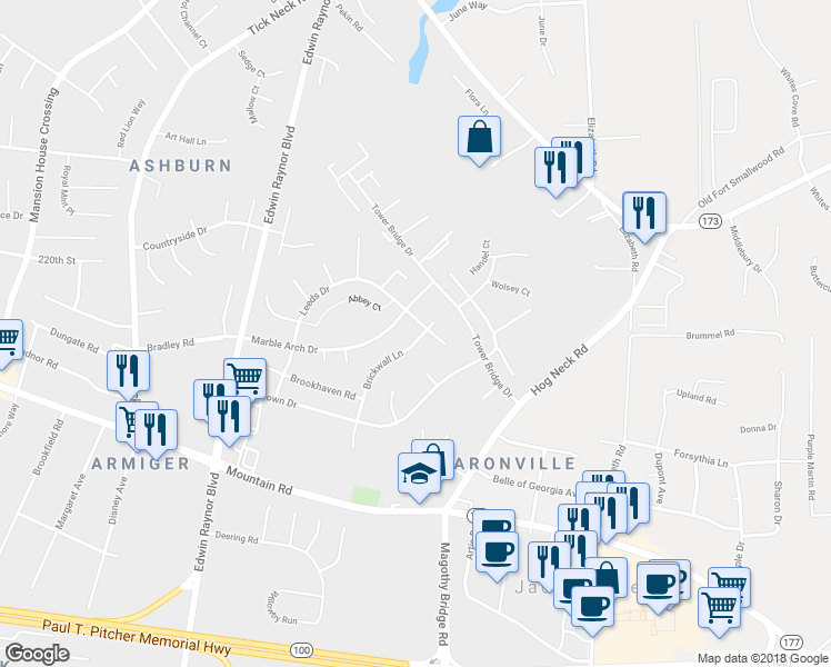 map of restaurants, bars, coffee shops, grocery stores, and more near 3584 Brickwall Lane in Pasadena