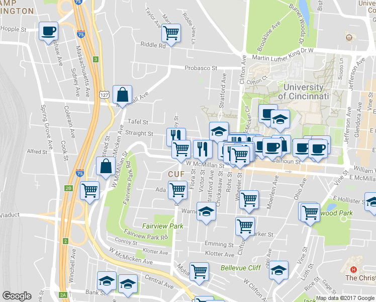 map of restaurants, bars, coffee shops, grocery stores, and more near in Cincinnati
