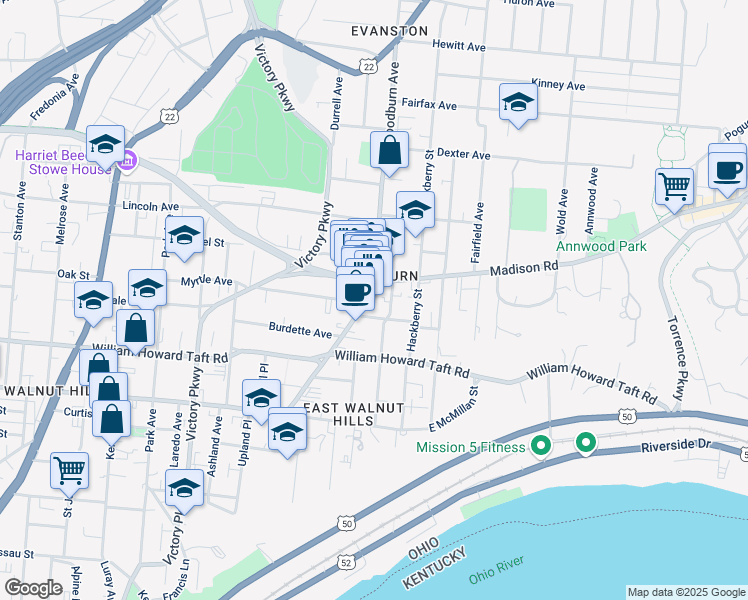 map of restaurants, bars, coffee shops, grocery stores, and more near 2800 Woodburn Avenue in Cincinnati