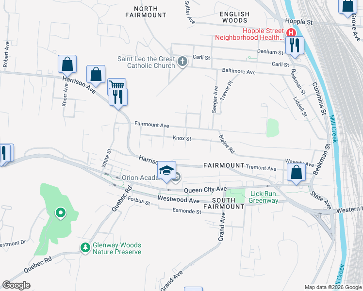 map of restaurants, bars, coffee shops, grocery stores, and more near 1841 Knox Street in Cincinnati