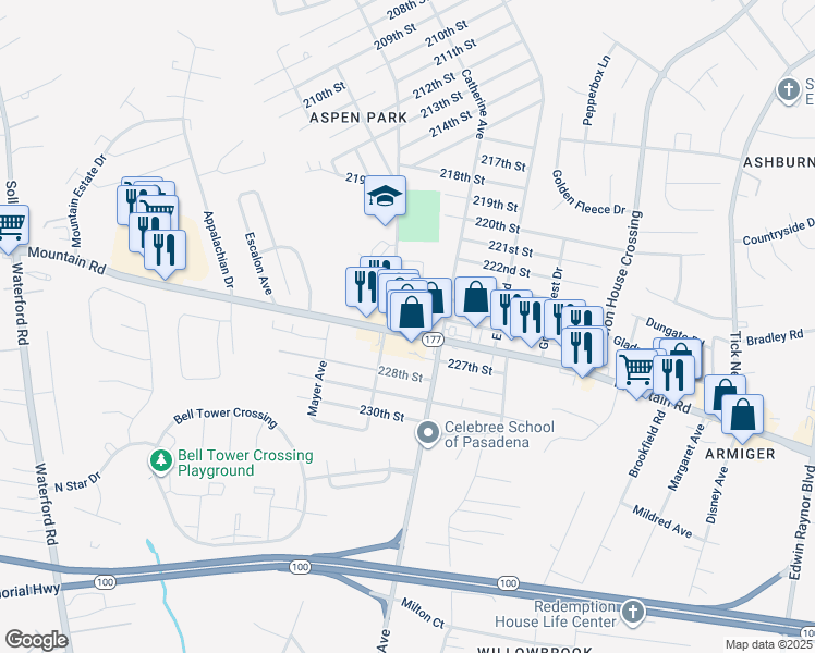 map of restaurants, bars, coffee shops, grocery stores, and more near 2412 Mountain Road in Pasadena