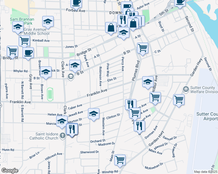 map of restaurants, bars, coffee shops, grocery stores, and more near 343 Pine Way in Yuba City