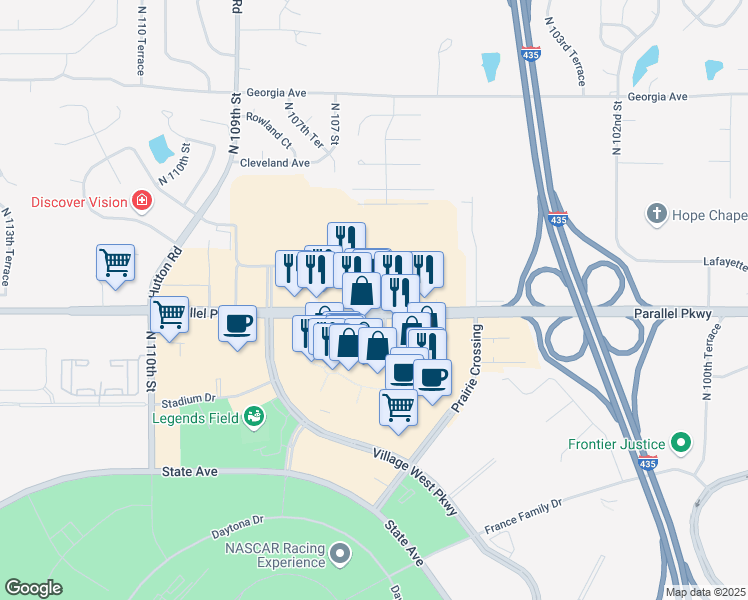 map of restaurants, bars, coffee shops, grocery stores, and more near 10620 Parallel Parkway in Kansas City