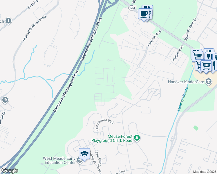 map of restaurants, bars, coffee shops, grocery stores, and more near 7922 Brandy Station Road in Severn