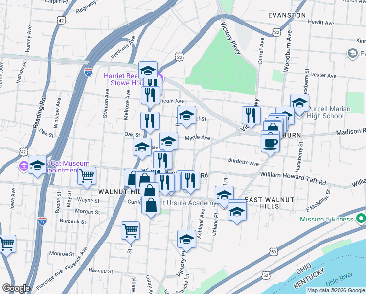 map of restaurants, bars, coffee shops, grocery stores, and more near 2703 Alms Place in Cincinnati