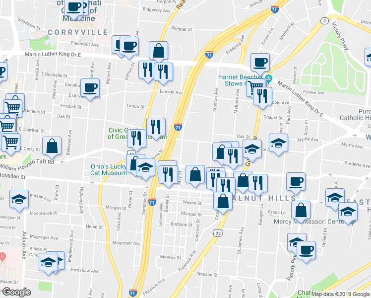 map of restaurants, bars, coffee shops, grocery stores, and more near 2715 May Street in Cincinnati