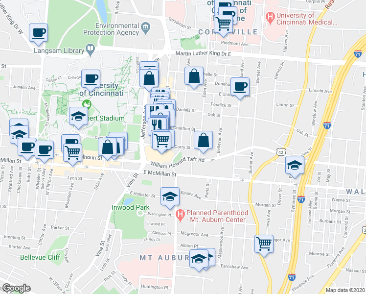 map of restaurants, bars, coffee shops, grocery stores, and more near 21 East Corry Street in Cincinnati