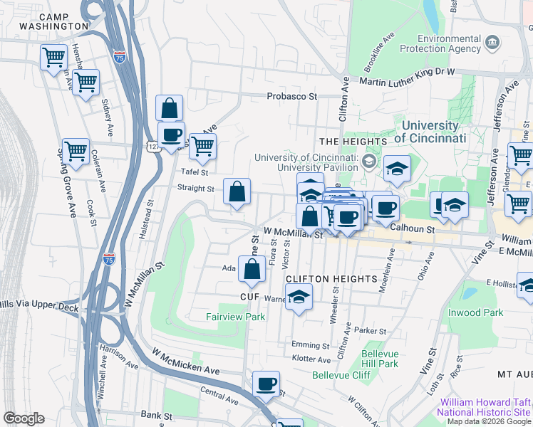map of restaurants, bars, coffee shops, grocery stores, and more near in Cincinnati