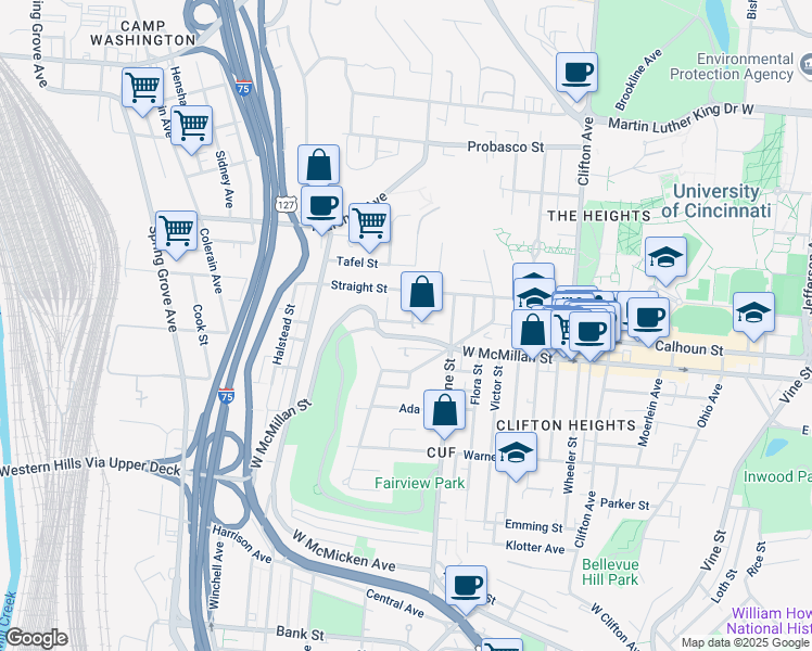 map of restaurants, bars, coffee shops, grocery stores, and more near 625 Clemmer Avenue in Cincinnati
