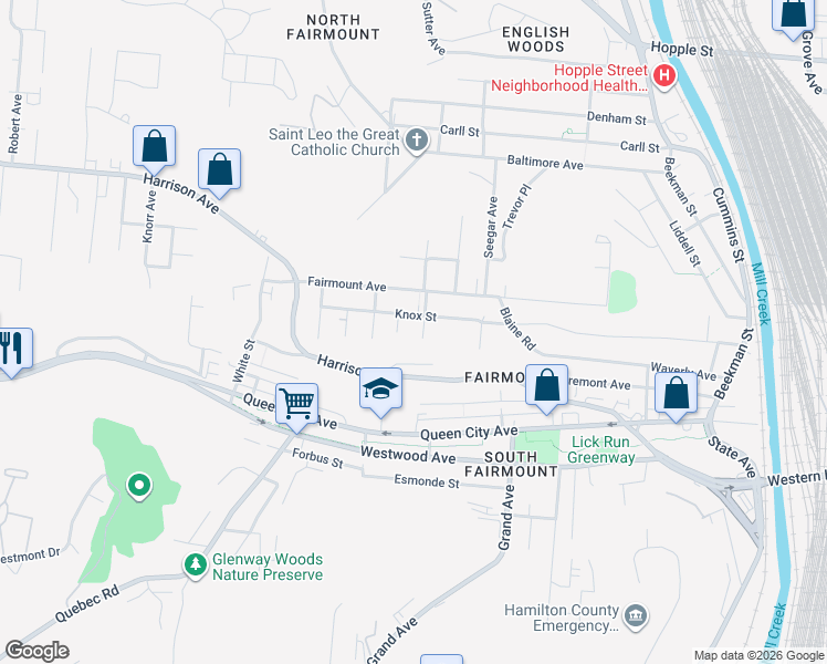 map of restaurants, bars, coffee shops, grocery stores, and more near 1841 Knox Street in Cincinnati