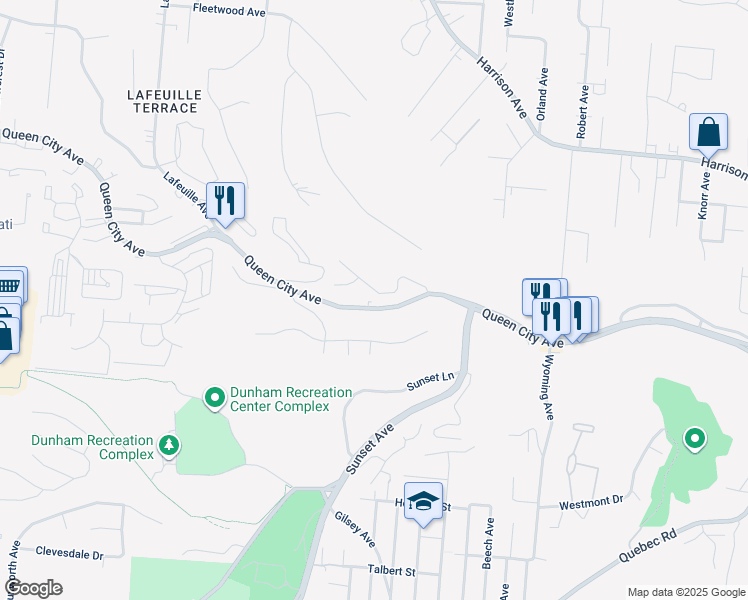map of restaurants, bars, coffee shops, grocery stores, and more near 2418 Queen City Avenue in Cincinnati