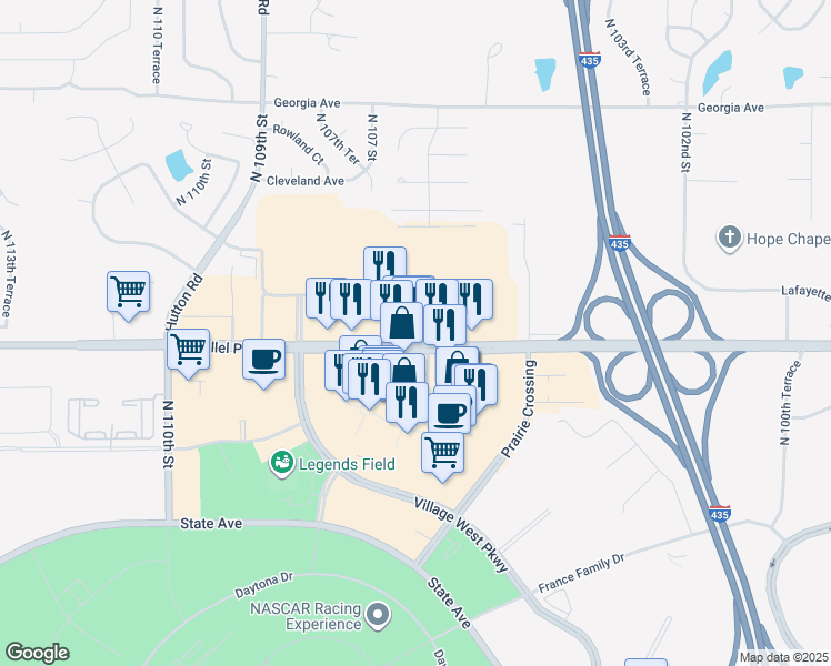map of restaurants, bars, coffee shops, grocery stores, and more near 10618-10670 Parallel Parkway in Kansas City