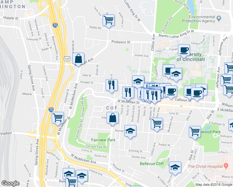map of restaurants, bars, coffee shops, grocery stores, and more near 2514 Ravine Street in Cincinnati