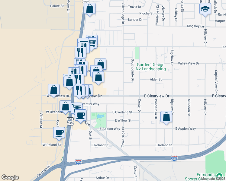 map of restaurants, bars, coffee shops, grocery stores, and more near 500-698 East Clearview Drive in Carson City