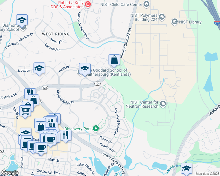 map of restaurants, bars, coffee shops, grocery stores, and more near 223 Winter Walk Drive in Gaithersburg