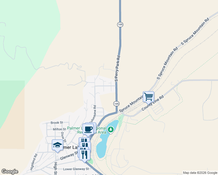 map of restaurants, bars, coffee shops, grocery stores, and more near 201 Aurelia Avenue in Palmer Lake