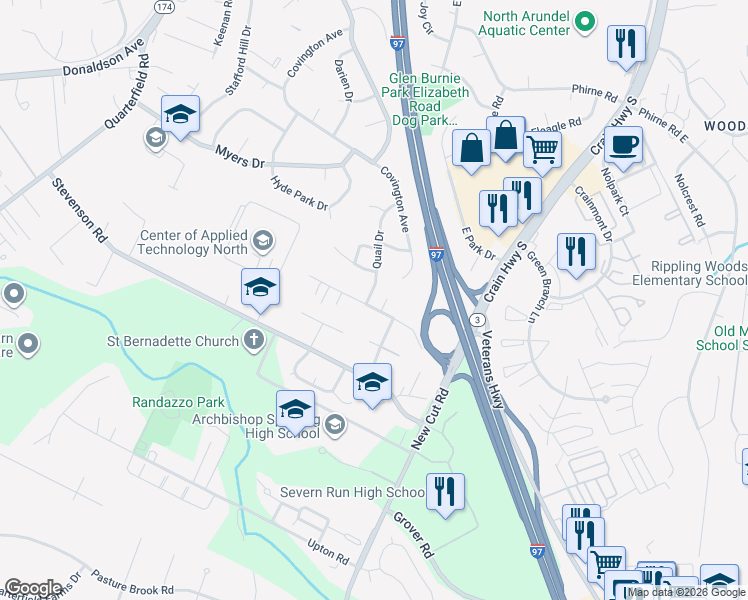 map of restaurants, bars, coffee shops, grocery stores, and more near 782 Jennie Drive in Severn