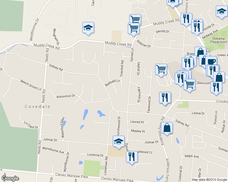 map of restaurants, bars, coffee shops, grocery stores, and more near 2055 Rollingridge Lane in Cincinnati