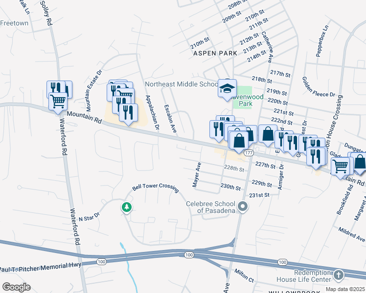 map of restaurants, bars, coffee shops, grocery stores, and more near 2206 227th Street in Pasadena