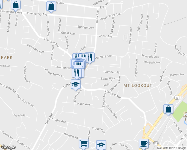 map of restaurants, bars, coffee shops, grocery stores, and more near 3160 Lookout Circle in Cincinnati