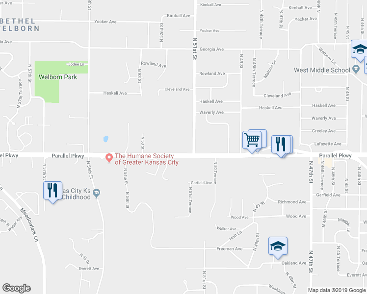 map of restaurants, bars, coffee shops, grocery stores, and more near 2000 North 51st Street in Kansas City