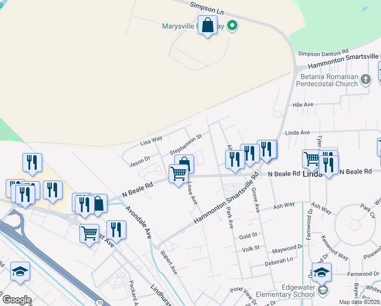 map of restaurants, bars, coffee shops, grocery stores, and more near 1523 North Beale Road in Marysville