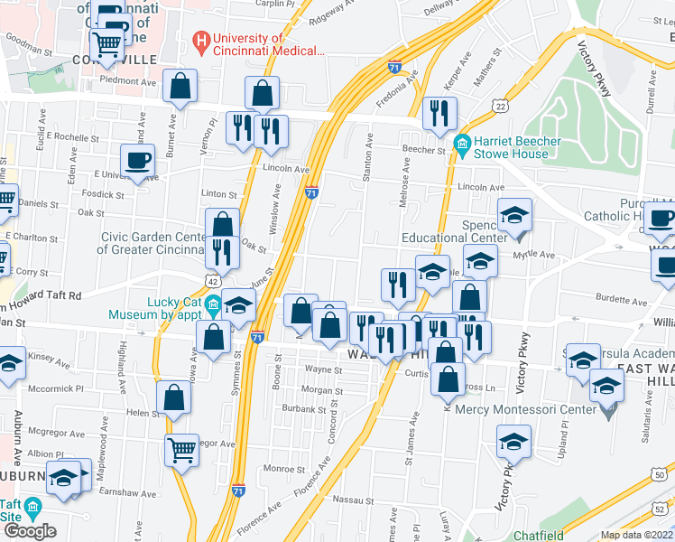map of restaurants, bars, coffee shops, grocery stores, and more near 2638 Hemlock Street in Cincinnati
