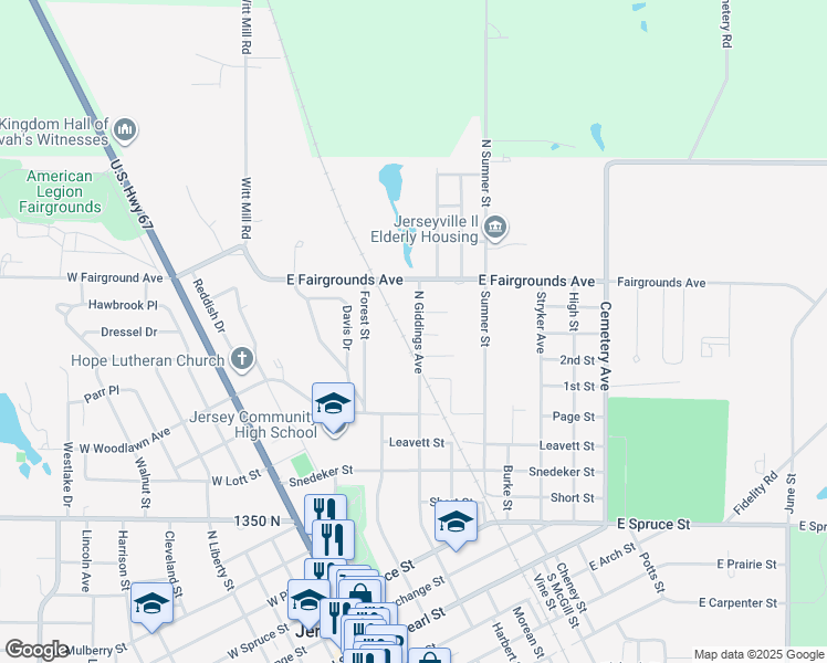 map of restaurants, bars, coffee shops, grocery stores, and more near 1012 North Giddings Avenue in Jerseyville