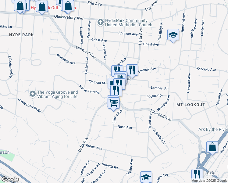 map of restaurants, bars, coffee shops, grocery stores, and more near 3187 Linwood Avenue in Cincinnati