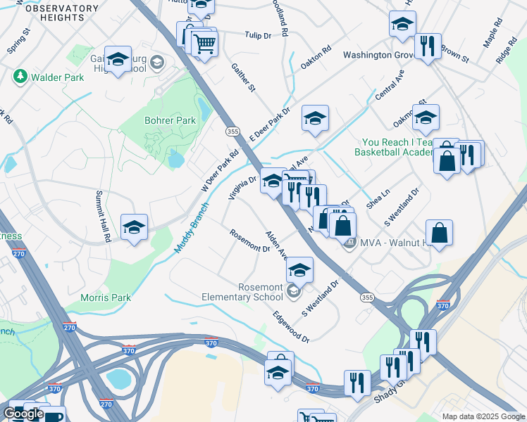 map of restaurants, bars, coffee shops, grocery stores, and more near 16621 Alden Avenue in Gaithersburg