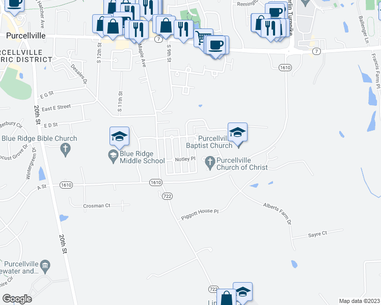 map of restaurants, bars, coffee shops, grocery stores, and more near 614 Kinvarra Place in Purcellville