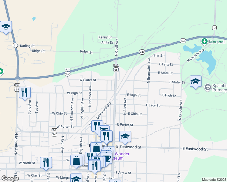 map of restaurants, bars, coffee shops, grocery stores, and more near 178 East High Street in Marshall