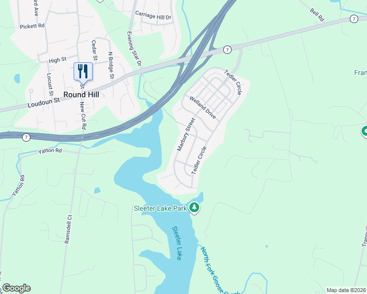 map of restaurants, bars, coffee shops, grocery stores, and more near 17672 Marbury Street in Round Hill