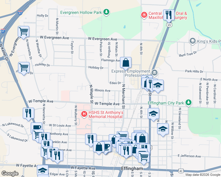 map of restaurants, bars, coffee shops, grocery stores, and more near 406 Illinois Ave in Effingham