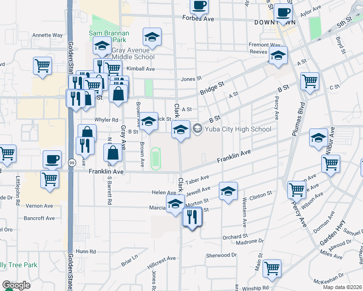 map of restaurants, bars, coffee shops, grocery stores, and more near 401 Clark Avenue in Yuba City