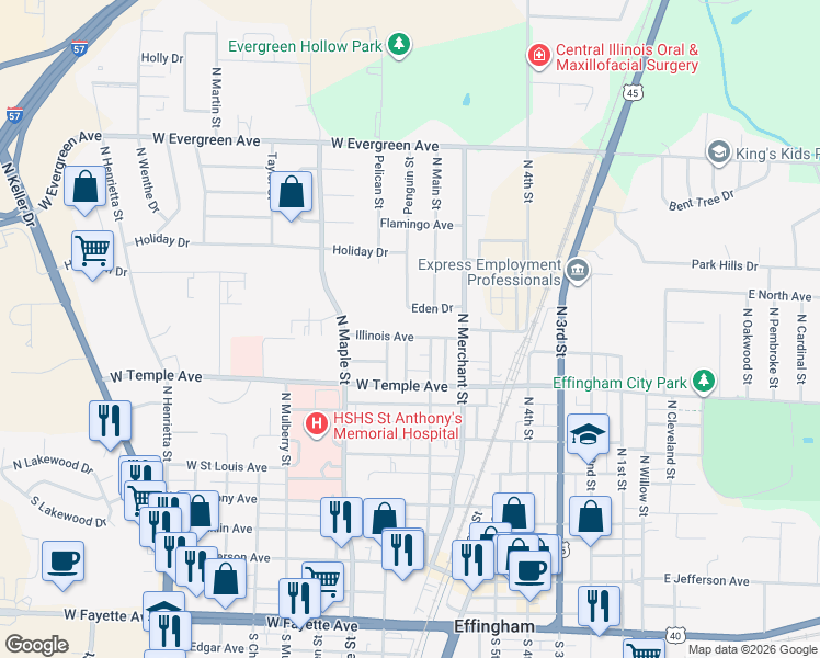 map of restaurants, bars, coffee shops, grocery stores, and more near 406 Illinois Avenue in Effingham