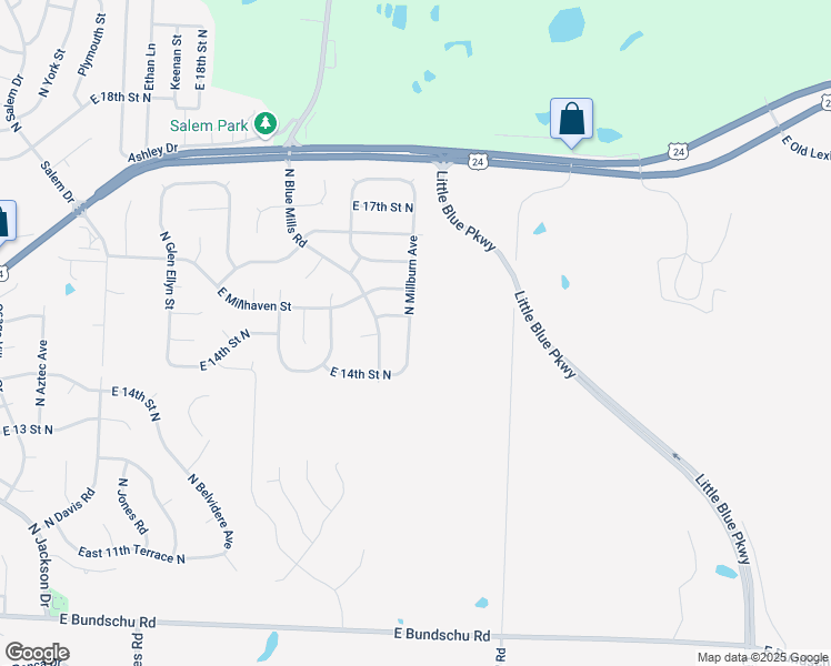 map of restaurants, bars, coffee shops, grocery stores, and more near 1411 North Millburn Avenue in Independence