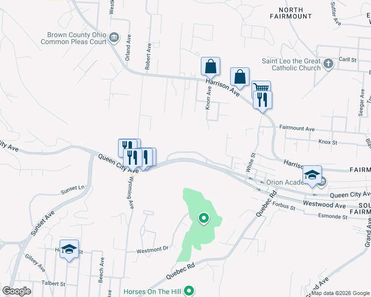 map of restaurants, bars, coffee shops, grocery stores, and more near 2096 Queen City Avenue in Cincinnati